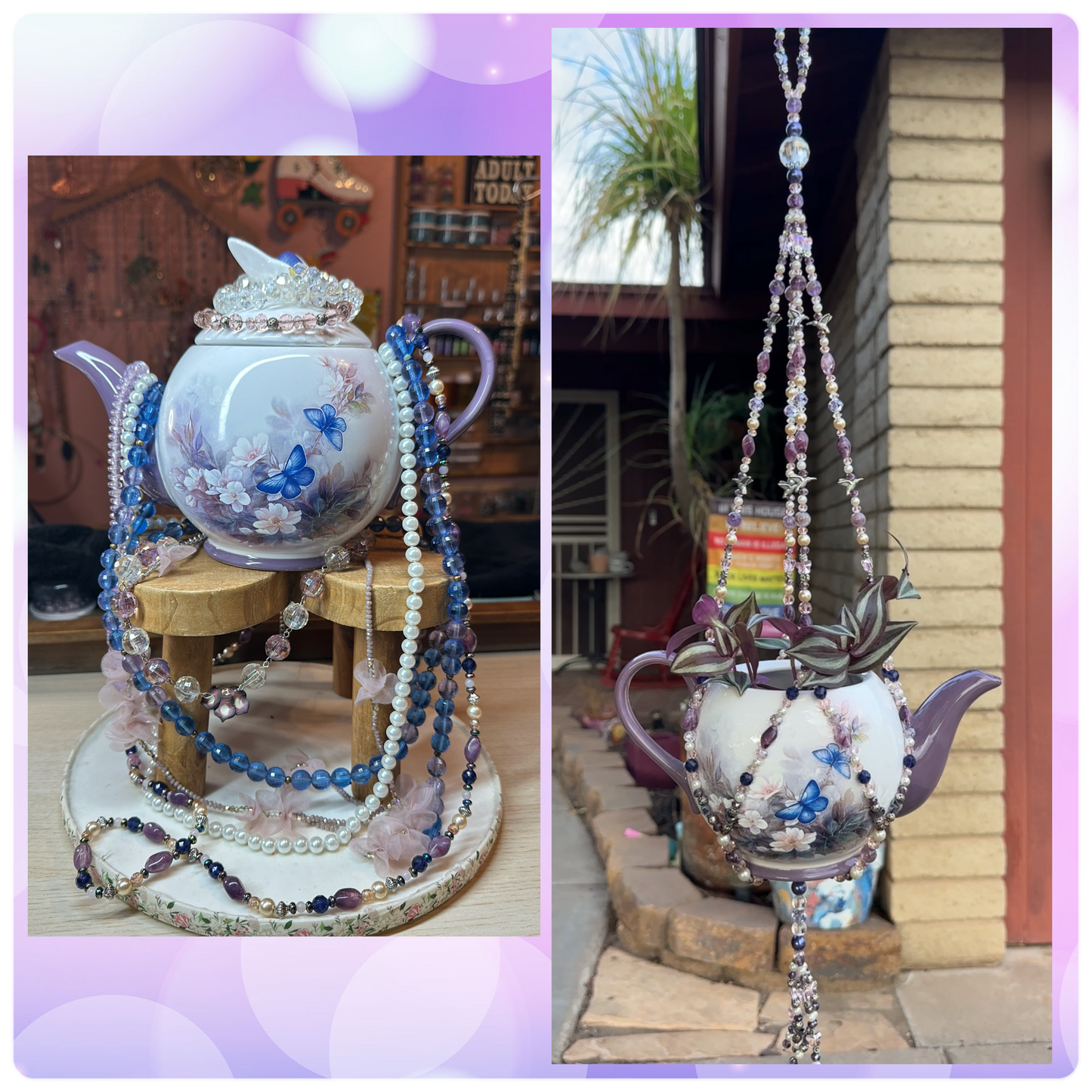 Decorative teapot with jewelz on a stand and hanging from a string.