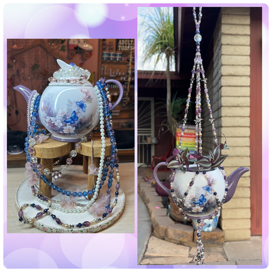 Decorative teapot with jewelz on a stand and hanging from a string.