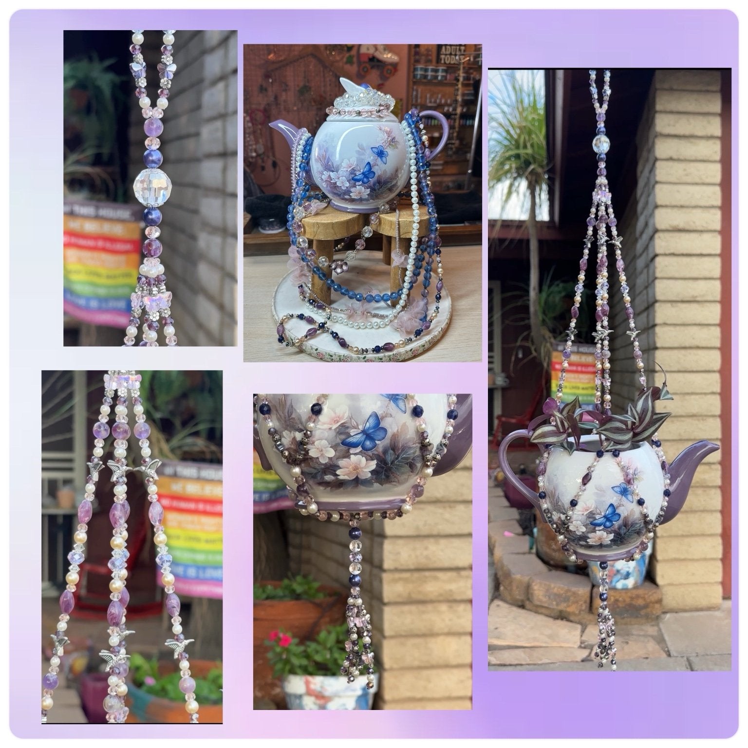 Collage of decorative teapots with jeweled chains and butterfly decorations.